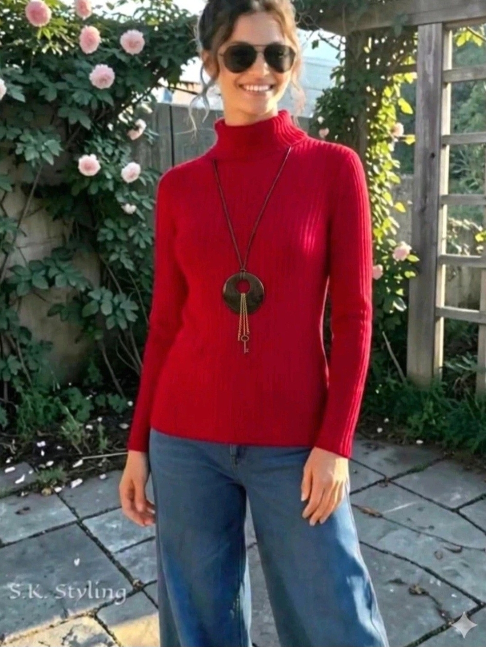 Rare NWT Vintage 80's Cherokee Wide Ribbed Heavy Knit Turtleneck Sweater Red L